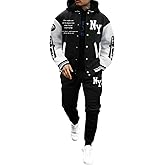 SOLY HUX Men's Tracksuit 2 Piece Outfits Color Block Letter Graphic Long Sleeve Varsity Jacket and Pants Set