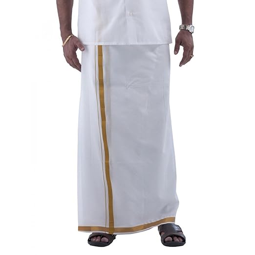 Men's Gold Zari Border Cotton Dhoti (White, 4 Yards)