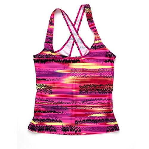 Women 3Pc Bikini Criss Cross Printed Top with Tie Side Bottoms Swimwear Swimsuit Tankini Set (XXL, Hot Pink)