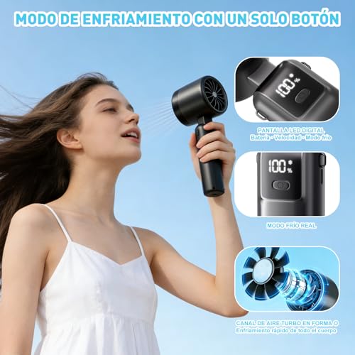 BALYSTOK Ventilador Portátil Recargable con Enfriamiento Instantáneo, 100 Velocidades Ajustables, Plegable 3 en 1, Mini Ventilador de Mano con Pantalla Digital, 4000mAh, USB-C