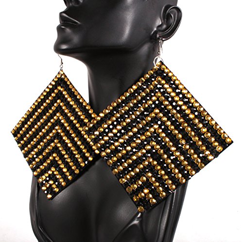 3 Pairs of Basketball Wives Earrings Black with Gold Square Arrow Design 5.5 Inch Poparazzi Light Weight Iced Out (R-1273)