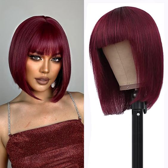 Datanala 99j Straight Short Wine Red Bob Wig with Bangs Human Hair 3x1 HD Lace Top Glueless Wigs Blunt Cut Silk Bob Wig Wear and Go 180% Density Bob Wig with Bangs (12Inch) — image 1