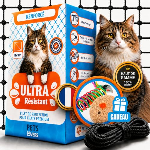 Petslovers Anti-UV Reinforced Stainless Steel Cat Balcony Net 8 x 3 m Black | Mounting Kit without Drilling, Includes 2 Toys, Cat Balcony Net, Cat Protection Net, Cat Window Netting, Nets