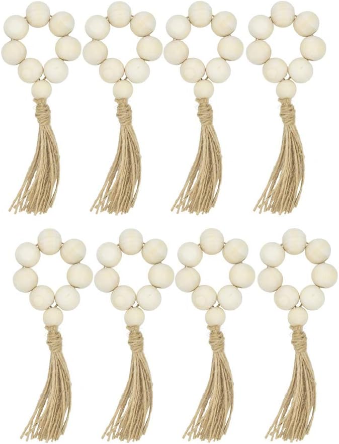 HozYi Set of 8 Farmhouse Beaded Wood Napkin Rings with Tassels Housewarming Gift Table Setting Wedding Party Décor Accessories Napkin Holder (Natural Style): Home & Kitchen