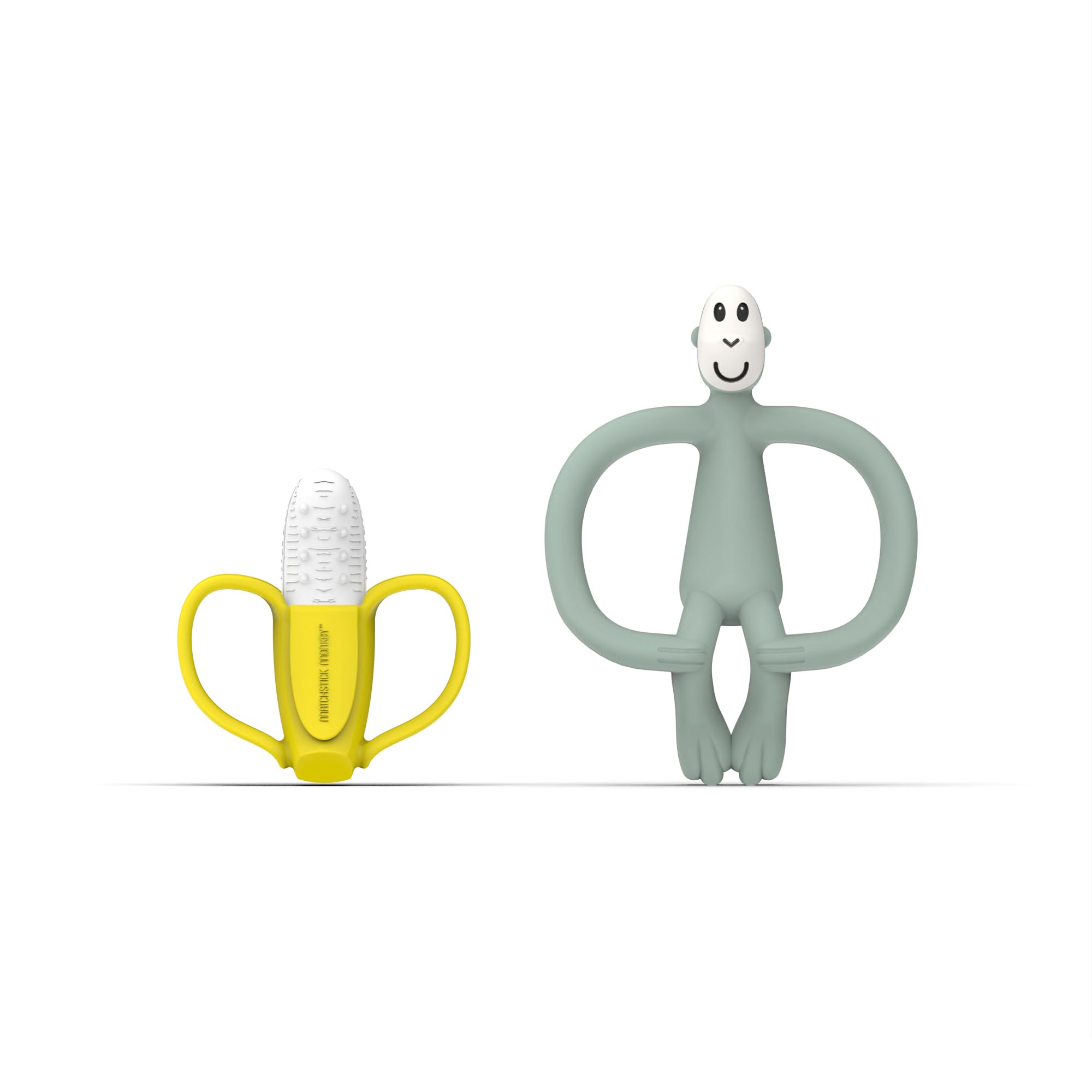 Matchstick Monkey, Antimicrobial Teething Gift Set - 1 Banana Shaped Soother and 1 Animal Teether, 3 Months Old+, Banana & Monkey
