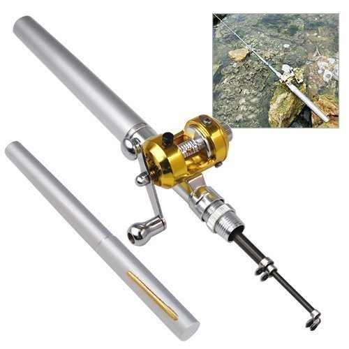Accessotech Mini Silver Pocket Fishing Rod Pole & Golden Reel Pen Shape 93cm Travel Small