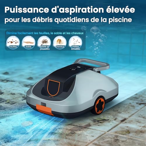 Robot Piscine sans Fil, Robot aspirateur Piscine sans Fil, 200Min d’Autonomie, Retour Automatique, Filtration Ultra-Fine, Navigation Intelligente, Compact et Portable pour Piscines Hors Sol 232 m²