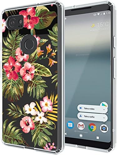 Google Pixel 2 XL Case, Red Hibiscus Banana Leaves Clear Shockproof Soft TPU + Hard PC Bumper Crystal Case For Google Pixel 2 XL