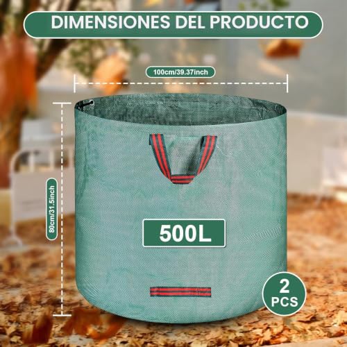 2 x 500L Gardening Sacks, Garden Waste Bag with Handle, Foldable, Reusable, Gardening Bags for Collecting Plants, Waste and Leaves