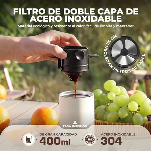 HAUSHOF Portable Cordless Electric Coffee Grinder with Double Thermal Cup 700ml, 5 Adjustable Grinding Levels, All-in-One Pour Coffee Maker for Camping, Outdoor Travel, RV and Office