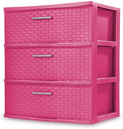 Sterilite 3 Wide Weave Opaque Durable Plastic Tower Storage Drawer, Fuchsia Burst