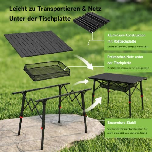 HAUSPROFI Camping Table Foldable Aluminium Height Adjustable 93 x 53 cm Folding Table with Roll-Up Table Top Carry Bag & Mesh Bag for Camping Picnic Garden Balcony Outdoor Black Model 2026