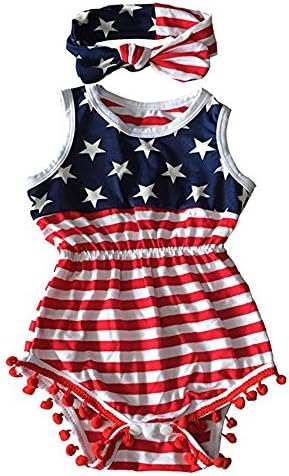 OMBabe Newborn Baby Girl American Flag Tassel Romper With Headband Or Only Jumpsuit