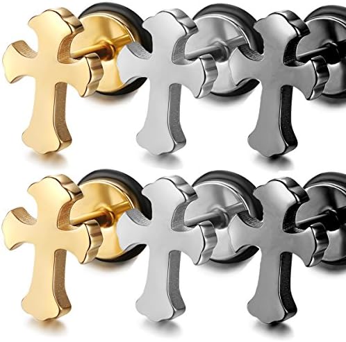 TENGZHEN 3 Pairs Silver Black Gold Plated Stainless Steel Cross Stud Earrings For Men Women Unisex