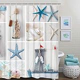 BLEUM CADE Nautical Shower Curtain, Marine Sail Boat Beach Starfish Shell Sea Life Shower Curtain with 12 Hooks, Waterproof Shower Curtain