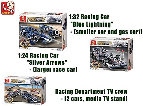 Bundle-Sluban Formula 1-1:32 Racing Cars "Blue Lightning" - (smaller car and gas cart) B0351, 1:24 "Silver Arrows" - (larger race car) B0352 and Racing Dep TV crew - (2 cars, media TV stand) B0355.