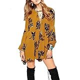 Lemon Retro Print Floral Swing Boho style loose summer dresses for women (Yellow-L)