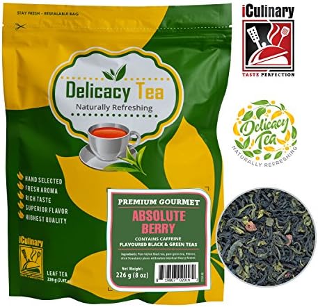 Premium Grade All Natural Loose Leaf “Absolute Berry” Green and Black Tea Blended with Hibiscus, Strawberry and Cherry, Makes 100 Cups of Enchantingly Delicious Tea from iCulinary, Zipper Pouch, 8oz
