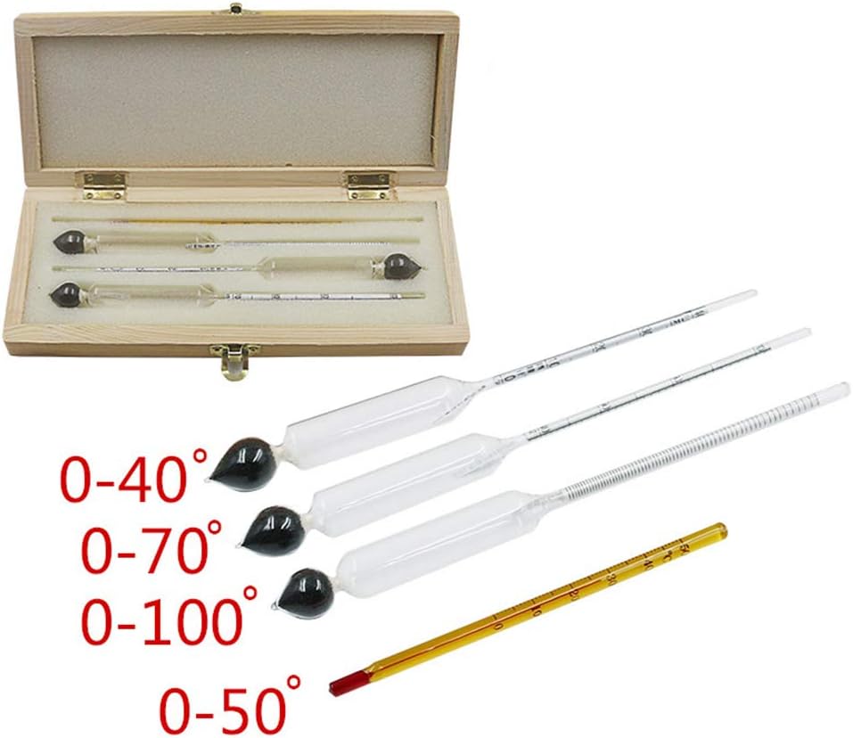 Koueja101 Thermometer 4Pcs/Set 0-100 Whiskey Alcohol Meter Measuring Tester Hydrometer + Thermometer