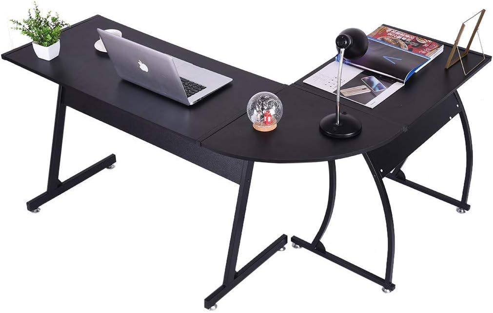 Fewear 58 Inches Modern L-Shaped Desk, Corner Computer Desk Study Table Reversible Super Sturdy Workstation for Home Office Wood & Meta, USA Stock