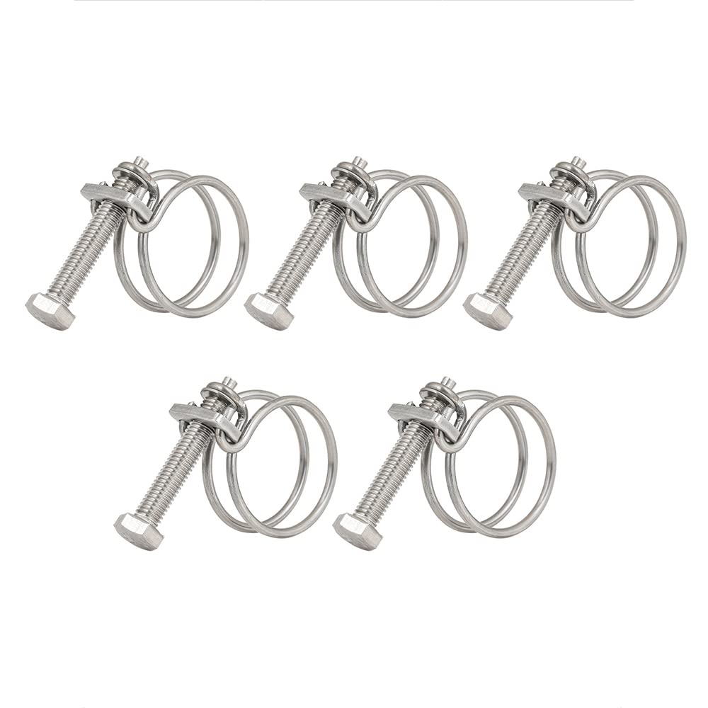 21-25mm Double Wire Hose Clamps, 201 Stainless Steel Hose Clips, Universal Plumbing Pipe Tube Fastener Adjustable Hose Hoop (Pack of 5)