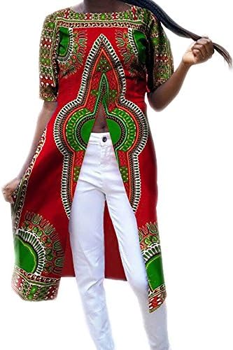 Offergood Women Casual African Print Dashiki Style High Split Short Sleeve Long Shirt Tops Tribal Blouse