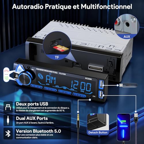 RDS Bluetooth Car Radio with Removable Faceplate, Wistrue Car Stereo Bluetooth with Remote Control, 4 x 65 W 1 DIN AM/FM Car Radio with MP3 Player and Two USB Ports Supports AUX/SD/iOS/Android (Multi-Colour)