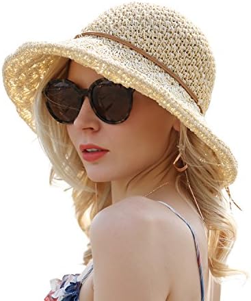 Straw Hat Wide Brim Cap Sun Hat Folding Travel Beach Cap for Women Beige
