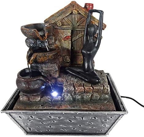 Tabletop Fountain Yoga Meditation Near Hut and Water Falling Bowl