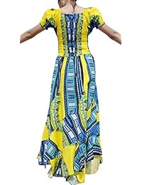 Raan Pah Muang RaanPahMuang África Dashiki Colors Baby Doll Full Wild Smock Waist Ladies Dress