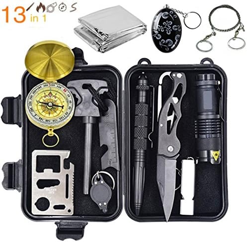 Emergency Survival Kit 13 in 1 Outdoor Survival Gear Set with Personal Alarm, Flashlight, Compass, Emergency Blanket, Tactical Pen for Camping Climbing Wilderness Adventures and Disaster