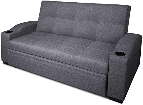 3 Seater Sofa With Cup Holder In Faux Linen Fabric
