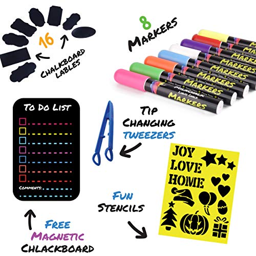 Chalk Markers by Vaci, Pack of 8 + Christmas Drawing Stencils + 16 Labels, Premium Liquid Chalkboard Neon Pens, Including Stencil,Tweezers and Magnetic Chalkboard, Bullet or Chisel Reversible Tips