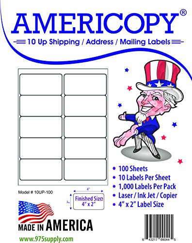 10 Up Labels - Address Labels - Americopy - Shipping / Mailing Labels - 4" x 2" Label Size - MADE IN THE USA (1,000 Labels)