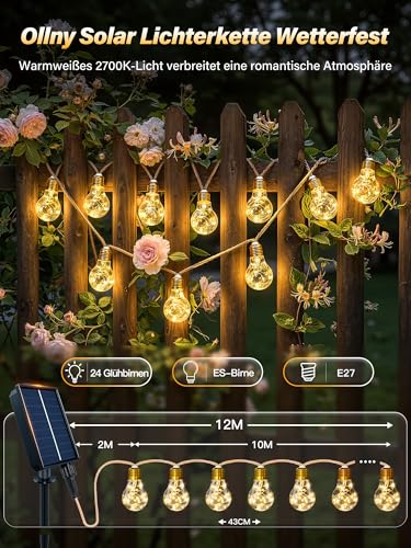 Ollny Solar String Lights Outdoor, 24 Bulbs 12M Weatherproof String Lights, 8 Modes, Timer, Dimmable, USB for Garden Balcony Patio Wedding Party Vintage