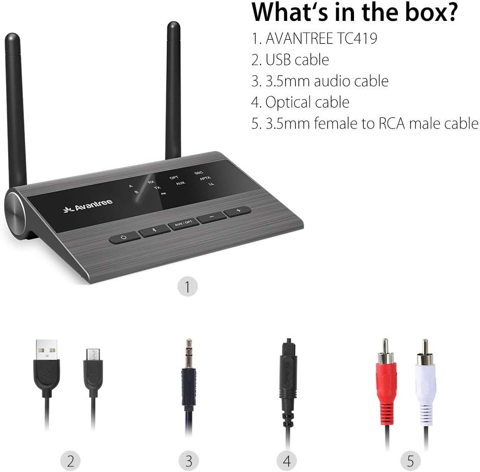 Avantree TC419 Long Range Bluetooth 5.0 Transmitter Receiver for TV & PC Audio, Home Stereo Speakers, aptX Low Latency Wireless Adapter for Headphones, Digital Optical 3.5mm AUX RCA: Home Audio & Theater