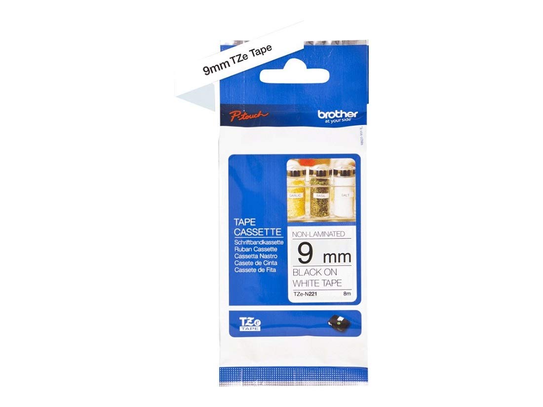 Brother TZe-N221 - Black on white - Roll (0.9 cm x 8 m) 1 cassette(s) non-laminated tape - for Brother PT-D600, H110, P-Touch PT-1005, 1010, D210, D400, D450, E550, H110, P900, P950 — image 1