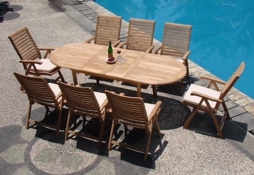 New 9 Pc Luxurious Grade-A Teak Dining Set - 94" Oval Table And 8 Ashley Reclining Arm Chairs #WHDSASe