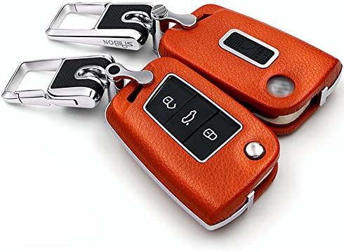 Saibon ORANGE Protective Genuine Leather Top Layer Hard Back Folding Key Remote Entry Fob Case Keychain for Volkswagen MK7 Generation 3 Button