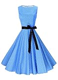 Anni Coco Women's 1950s Hepburn Vintage Swing Dresses With Ribbon Belt Blue & Small White Polka Dots Small