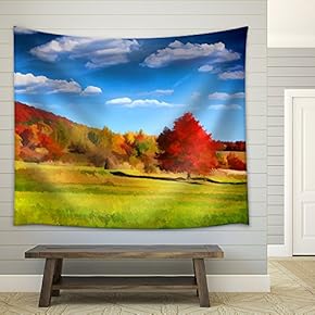 Digital Artwork in Watercolor Painting Style. Colorful Autumn Landscape in The Mountains - Fabric Wall Tapestry Home Decor - 51x60 inches