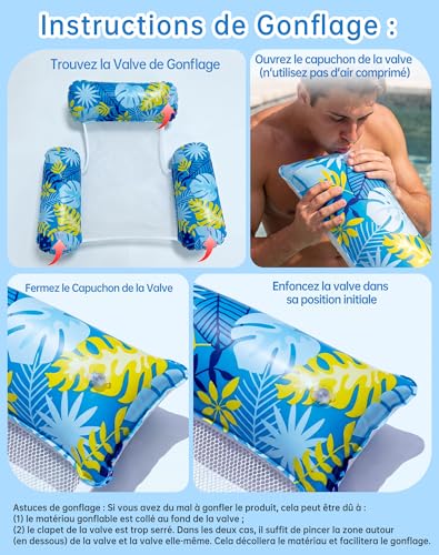 Wincany Bouee Piscine, Matelas Gonflable Piscine Epaisseur 21mm, Bouee Lounge Adulte 4-en-1 Hamac Flottant Filet, Siege d'eau Ergonomique Adulte Accessoire pour Plage Vacances