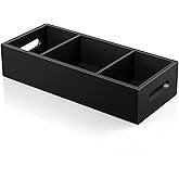 14 Inch Bathroom Basket with Removable Dividers - 3 Comparments Wood Toilet Paper Basket with Handle for Back of Toilet Tank Topper - Black Storage Organizer for Bathroom Kitchen Pantry Organization
