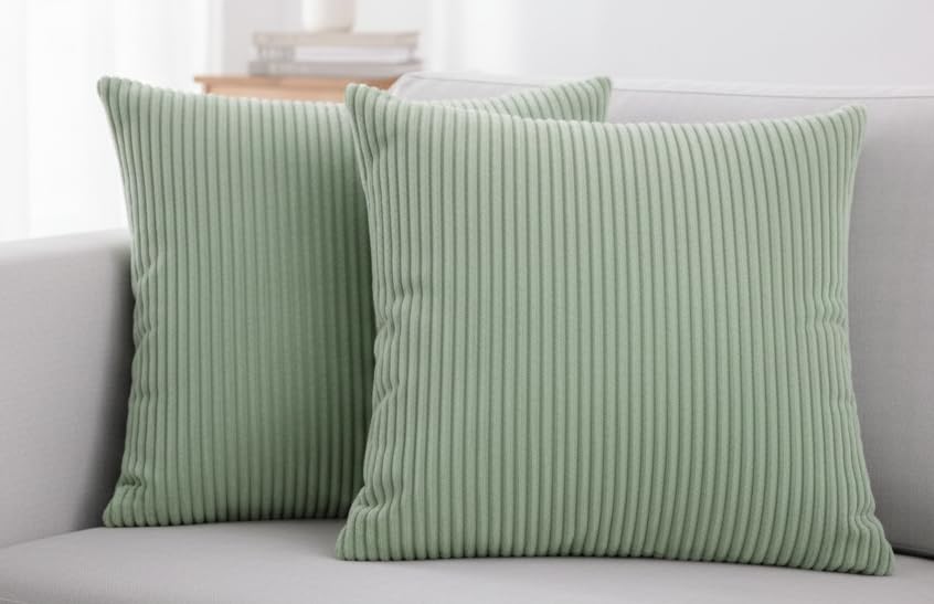 Seechoo Corduroy Cushion Covers, Set of 2, 45 x 45 cm, Striped, with Invisible Zipper, 18 x 18 Inch (Sage Green)