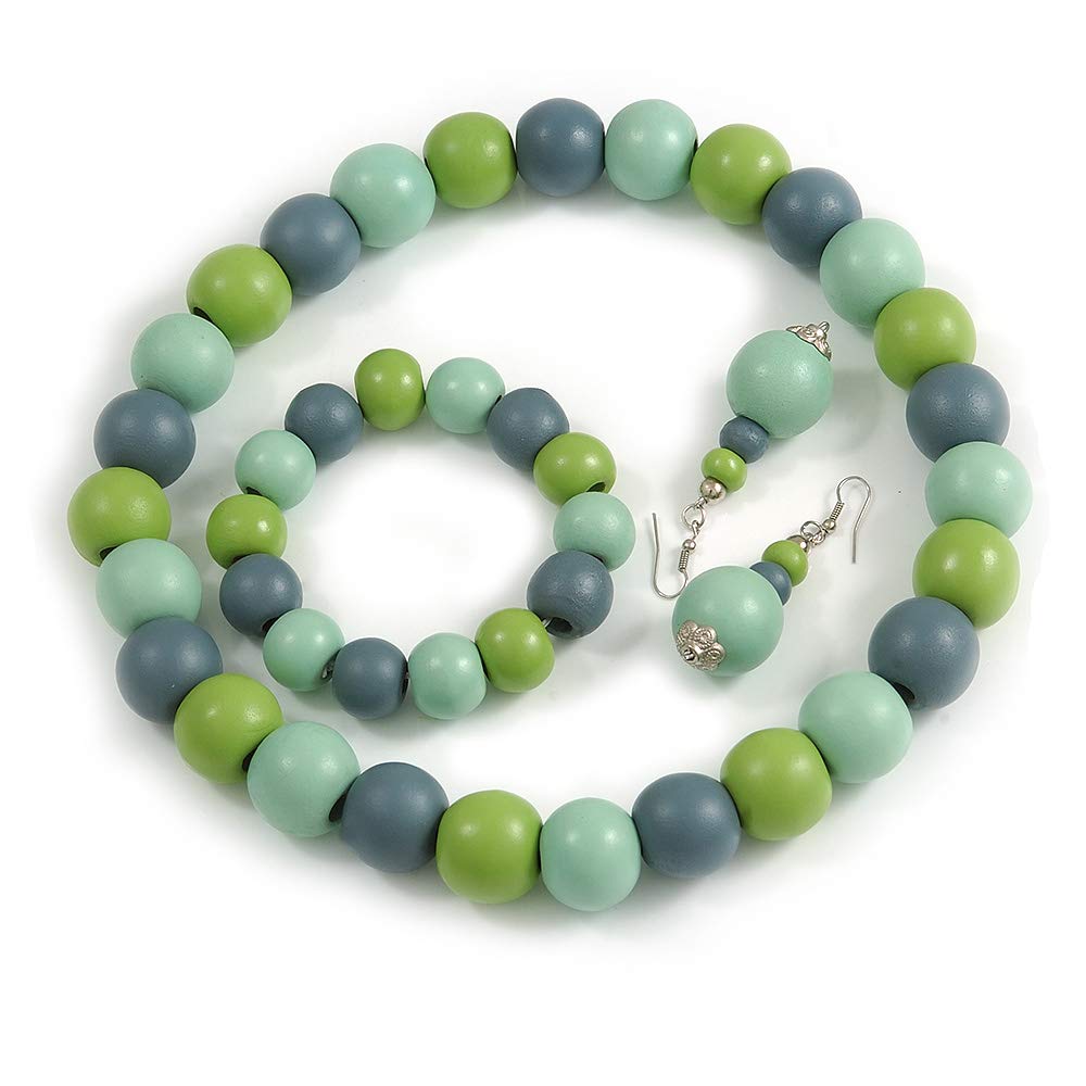 Avalaya Pastel Mint/Green/Grey Wood Flex Necklace, Bracelet and Drop Earrings Set - 46cm L