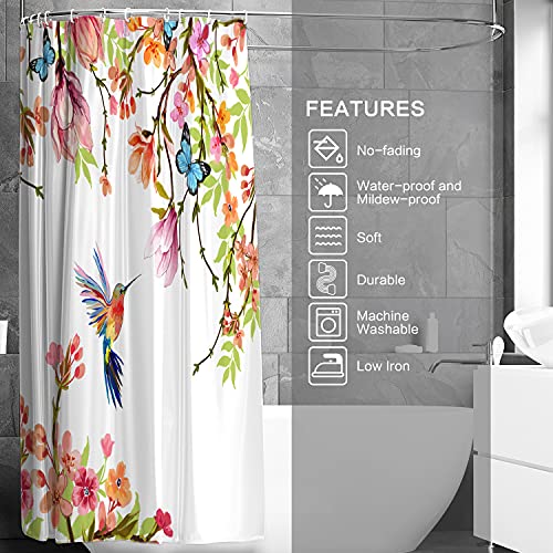 CutebriCase Shower Curtain, Flower Hummingbird Shower Curtain for Bathroom with Hooks, Polyester Fabric Machine Washable Waterproof Large Shower Curtains Sets Decorative Bath Curtain