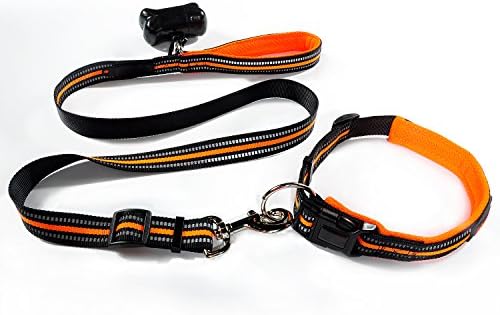 MYOLDSX Orange Adjustable Reflective Dog Leash Collar Set for Medium and Large Dogs Daily Training Walking Running, Free Waste Bag Dispenser &amp; bag
