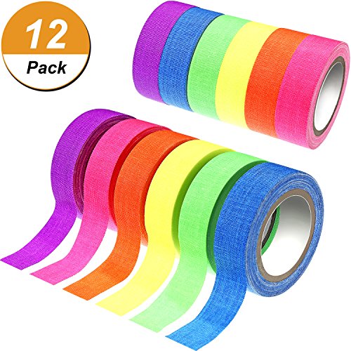 Boao 12 Rolls Fluorescent Cloth Tapes UV Blacklight Reactive Neon Duct Tapes for Glow Party Decoration, 6 Colors, 0.6 Inch x 16.4 Feet