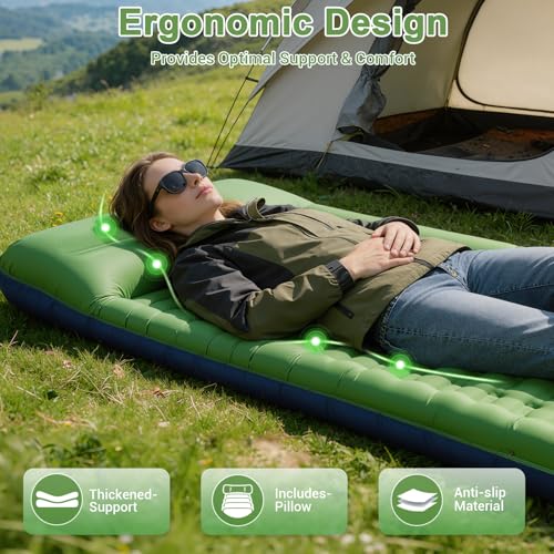 JATEKA Inflatable Camping Mattress Ultra Light with Integrated Cushion 14 cm Single Inflatable Mattress for Outdoor Travel Beach Camping Mattress Light Blue Green