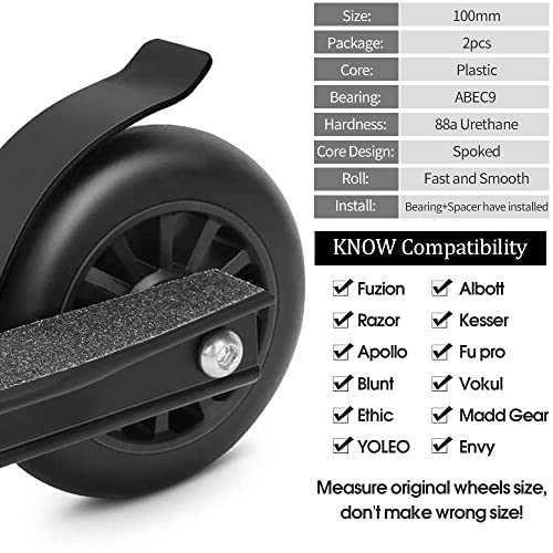100mm Scooter Wheels - 100mm Pro Kick Scooter Wheels Replacement Pair - Smooth Bearing Installed | Plastic Core for Razor Fuzion Scooters